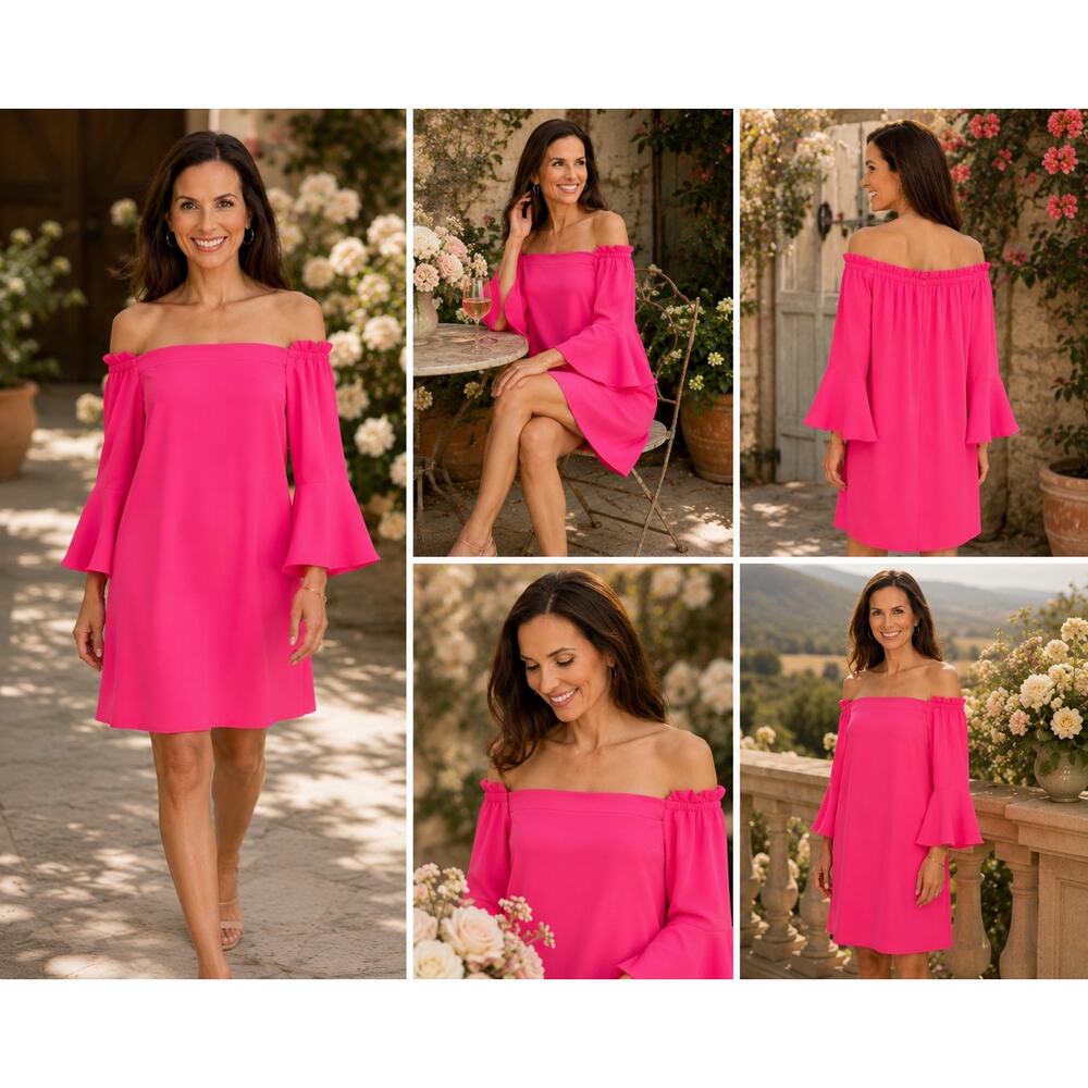 Trina Turk Hot Pink Off Shoulder Bell Sleeve Mini Dress Medium NWT MSRP $258 - Picture 12 of 12
